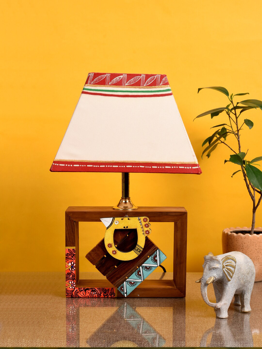 AAKRITI ART CREATIONS Multicolored Handcrafted Wooden Tribal Art Table Lamp
