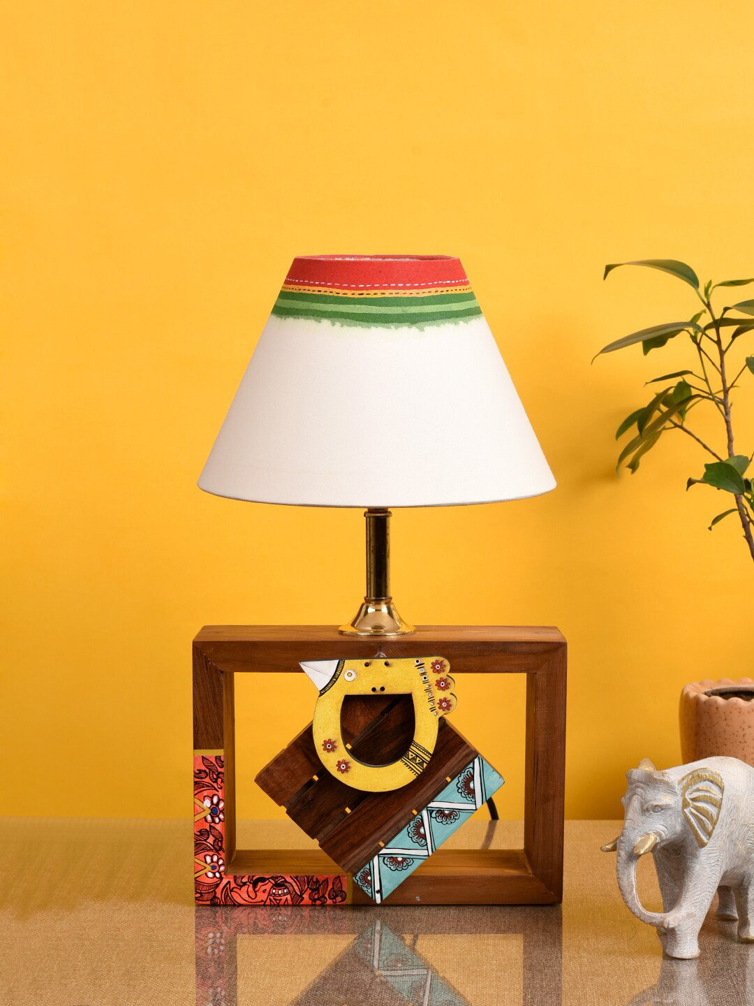 AAKRITI ART CREATIONS White & Brown Printed Table Lamp with Shade