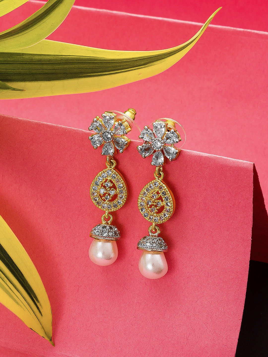 aadita Gold-Toned AD Studded Floral Drop Earrings