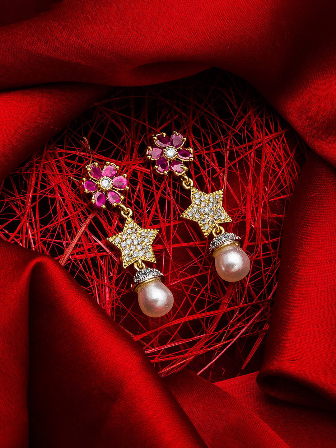 aadita Gold-Plated & Pink Star Shaped Drop Earrings