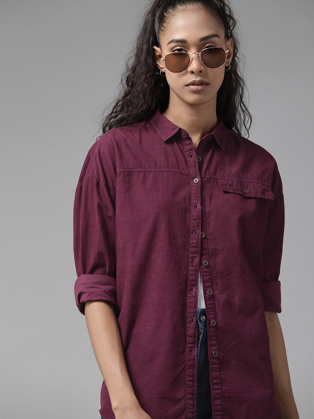 Roadster Women Burgundy  Cotton Corduroy Casual Shirt