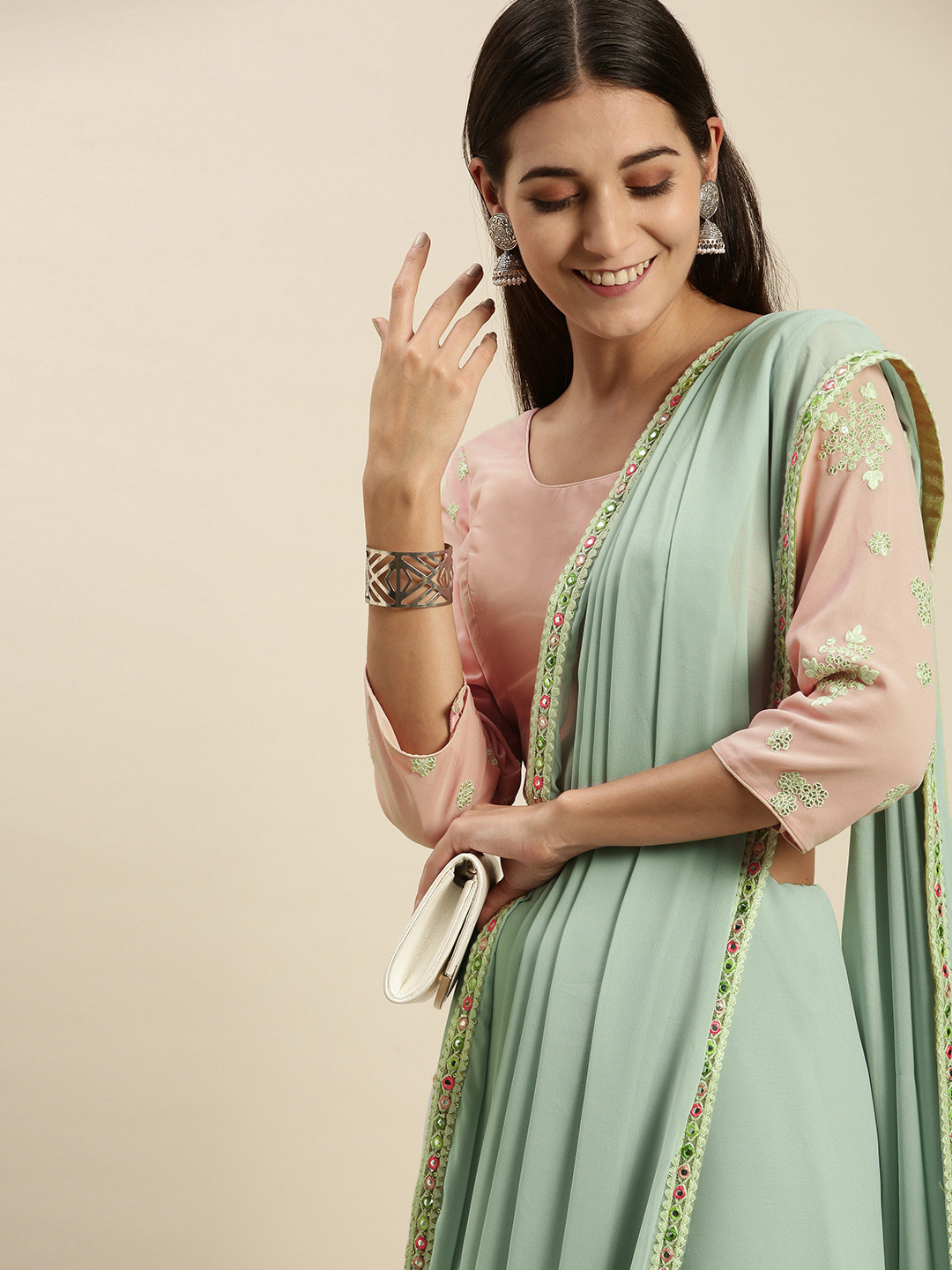 Ethnovog Pink  Green Solid Zardozi Saree