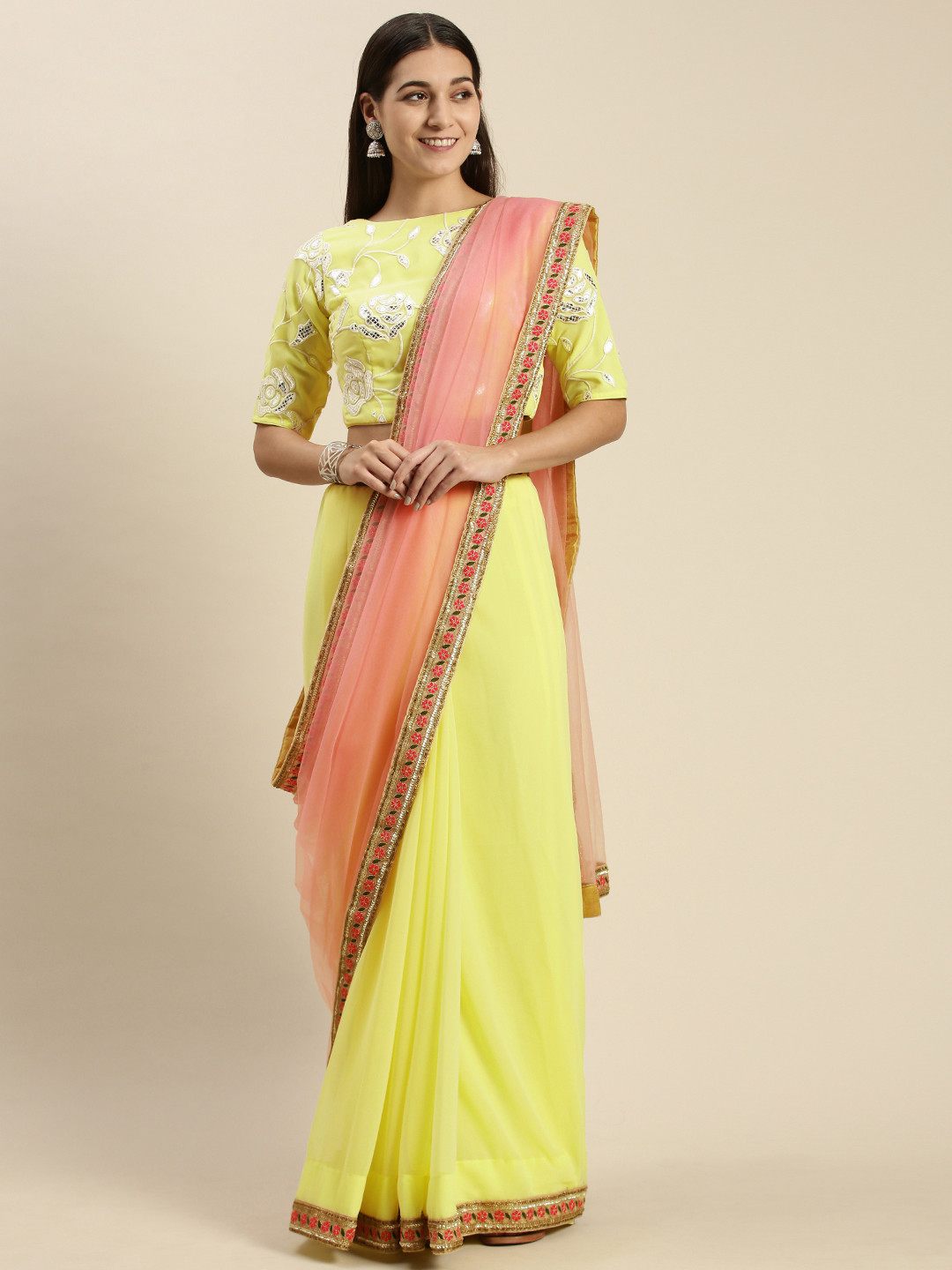 Ethnovog Yellow  Yellow Zardozi Half and Half Saree