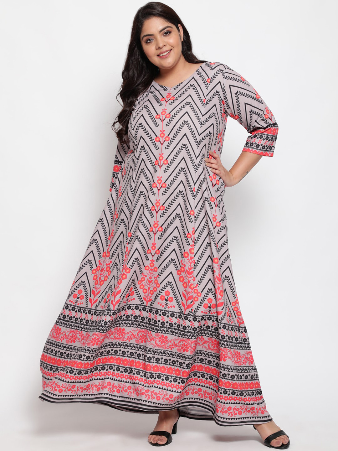 Amydus Printed Plus Size Women Grey & Black Ethnic Motifs Maxi Dress