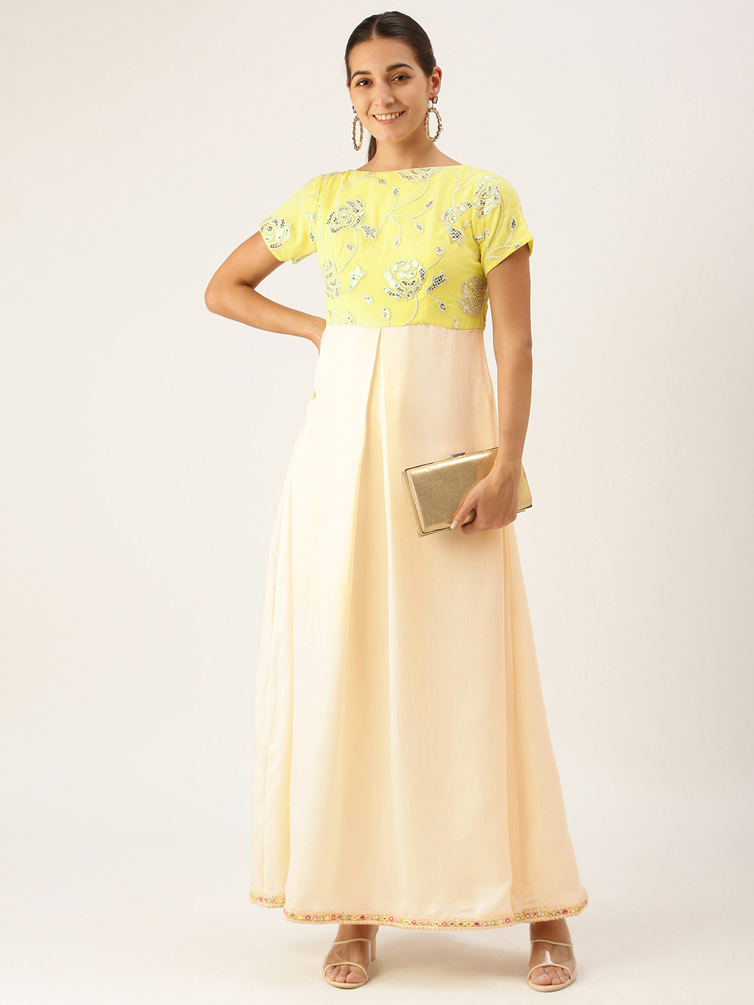 Ethnovog Beige Floral Satin Maxi Dress