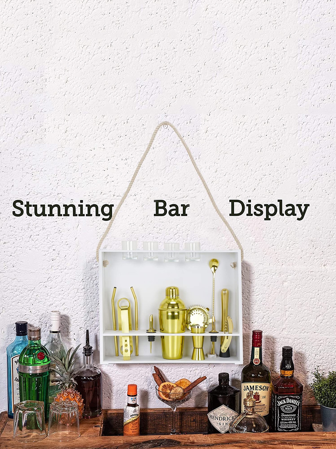 BAR BOX Gold Home Bartending Tool Accessories Kit with White Stand Wall Mount