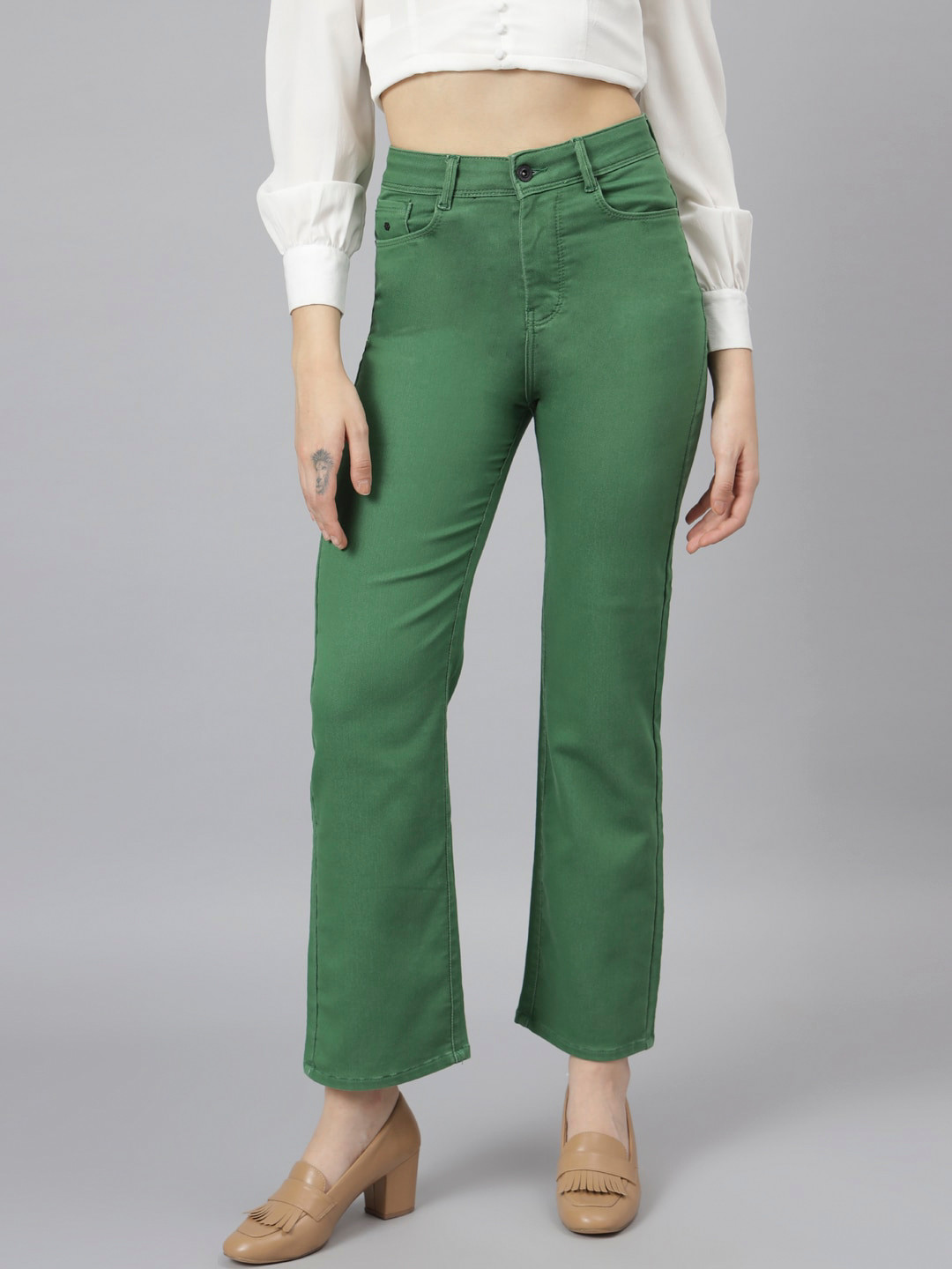 Code 61 Women Green Wide Leg High-Rise Stretchable Cropped Jeans