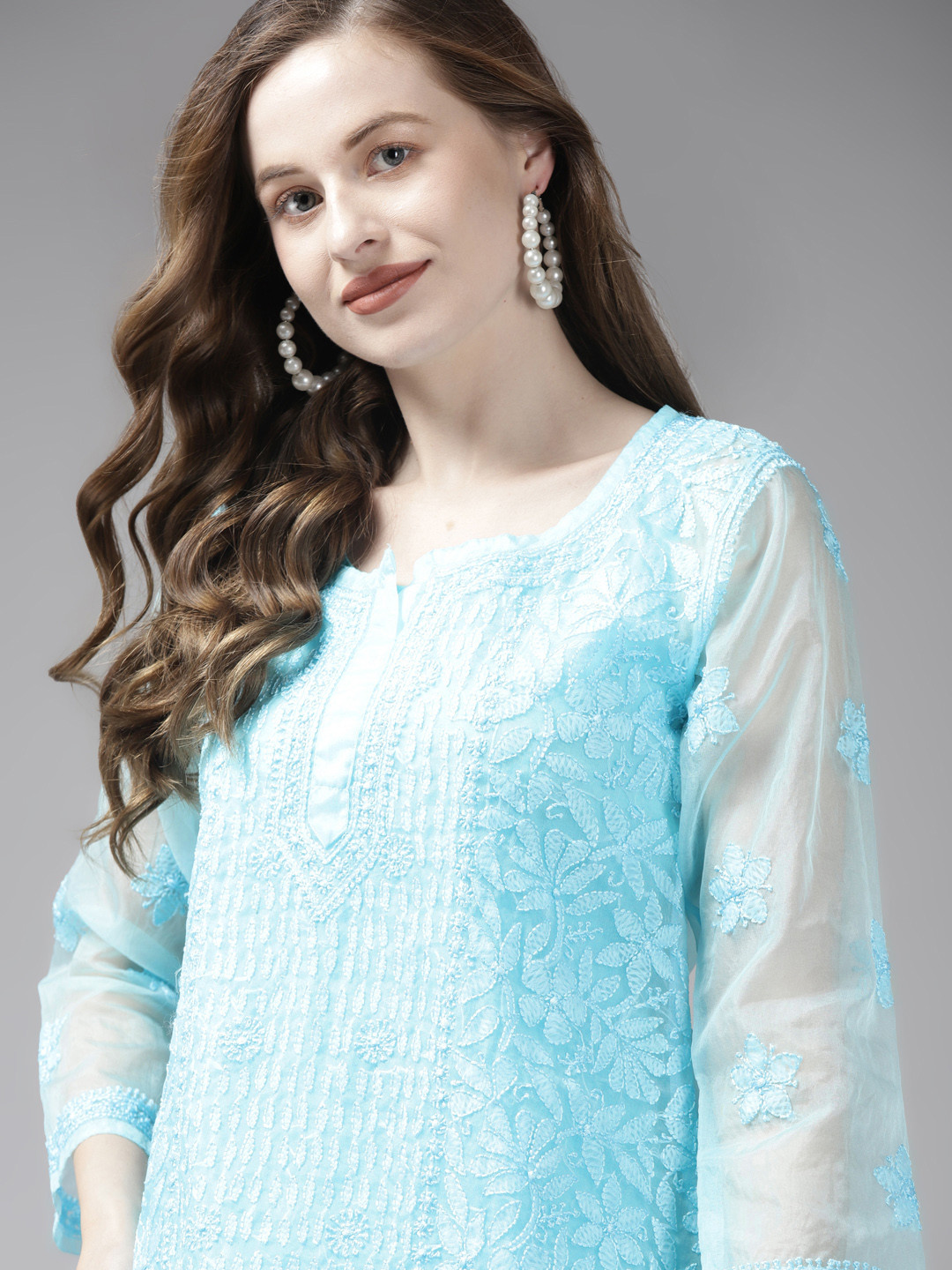ADA Blue Ethnic Motifs Embroidered Chikankari Handloom Kurti With Matching Slip