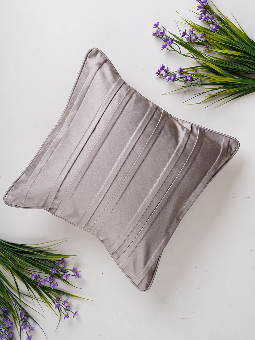 Folkstorys Grey Satin Washable Textured Square Cushion Cover -16x16In