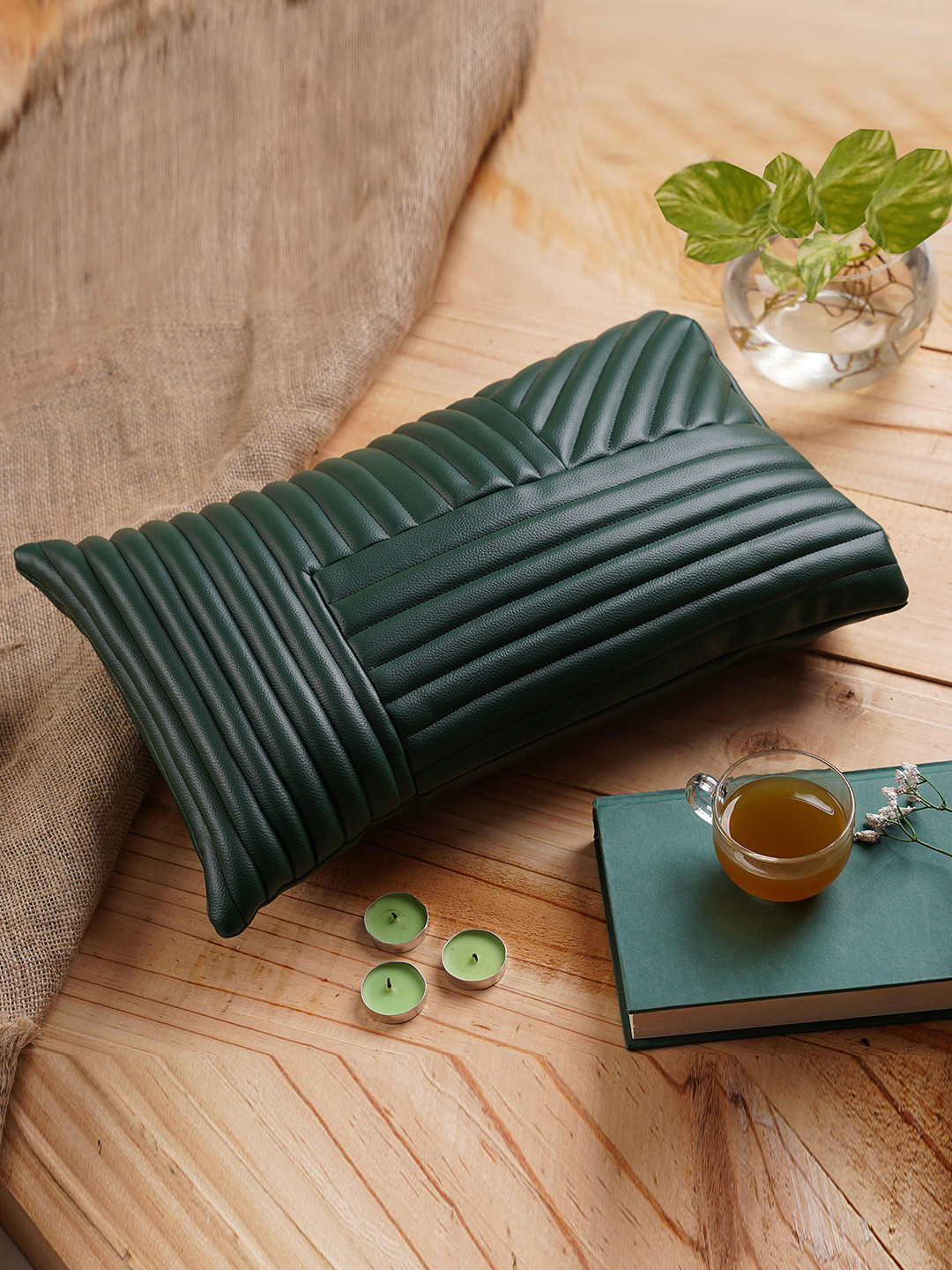 Folkstorys Green Geometric Leather Rectangle Cushion Covers