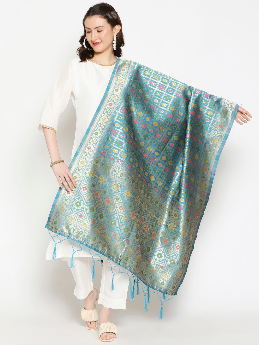 Dupatta Bazaar Turquoise Blue & Yellow Ethnic Motifs Woven Design Banarasi Silk Dupatta