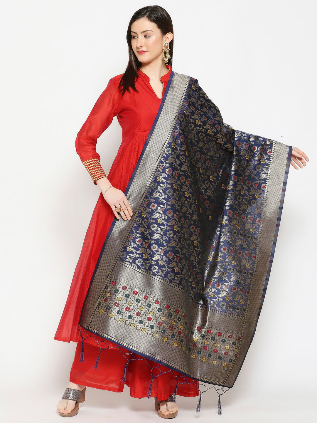 Dupatta Bazaar Navy Blue & Yellow Woven Design Banarasi Silk Dupatta