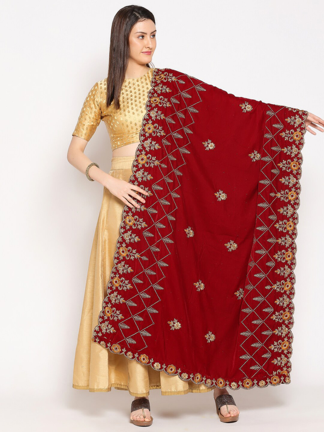 Dupatta Bazaar Maroon & Gold-Toned Embroidered Velvet Dupatta with Zardozi