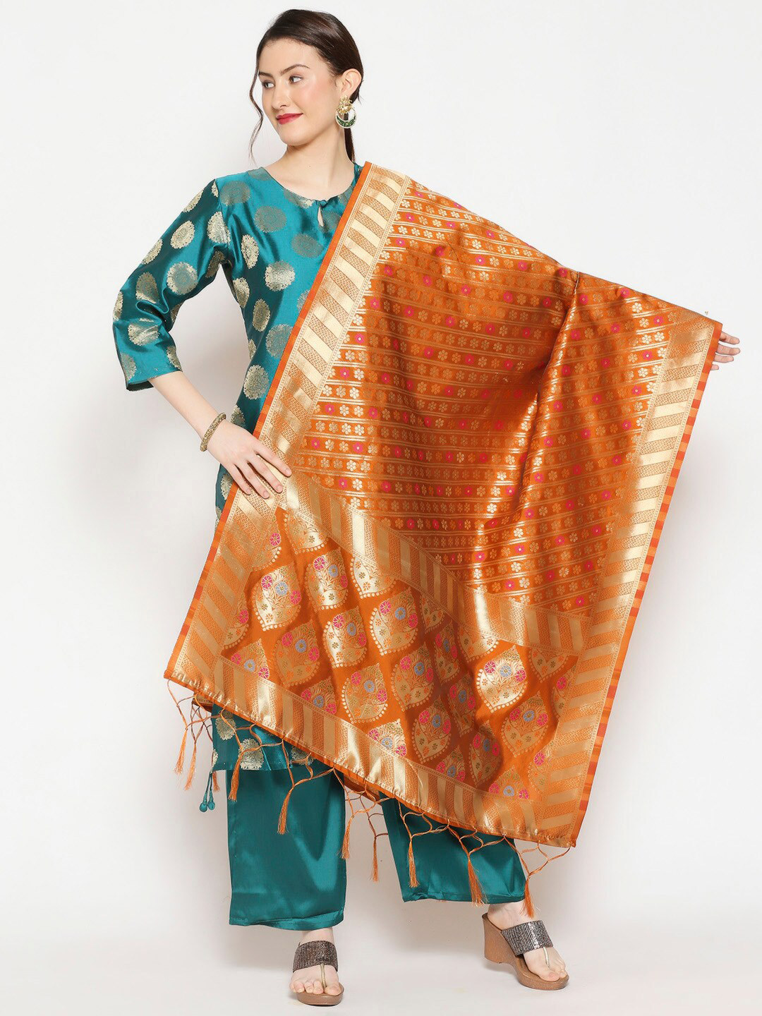 Dupatta Bazaar Rust & Blue Ethnic Motifs Woven Design Dupatta