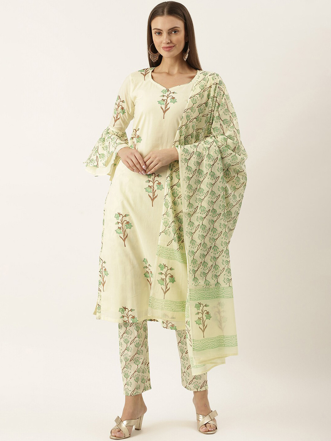 Lavanya The Label Women Cream-Coloured Regular Pure Cotton Kurta with Trousers & Dupatta