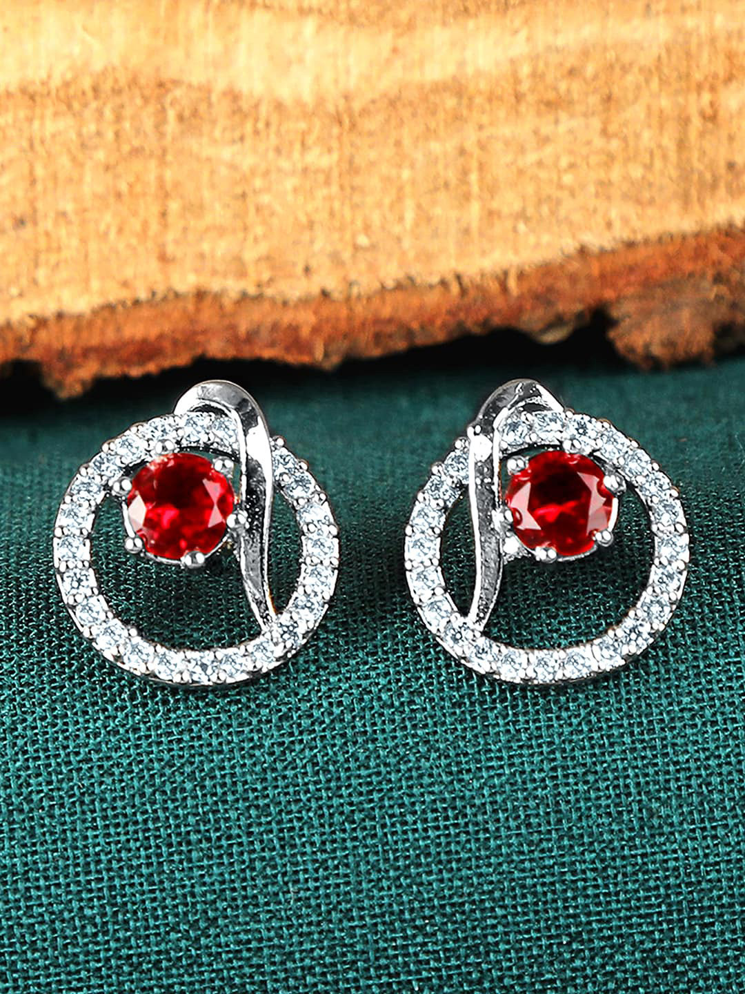 ZINU Silver-Toned & White Circular Stoned Studs Earrings