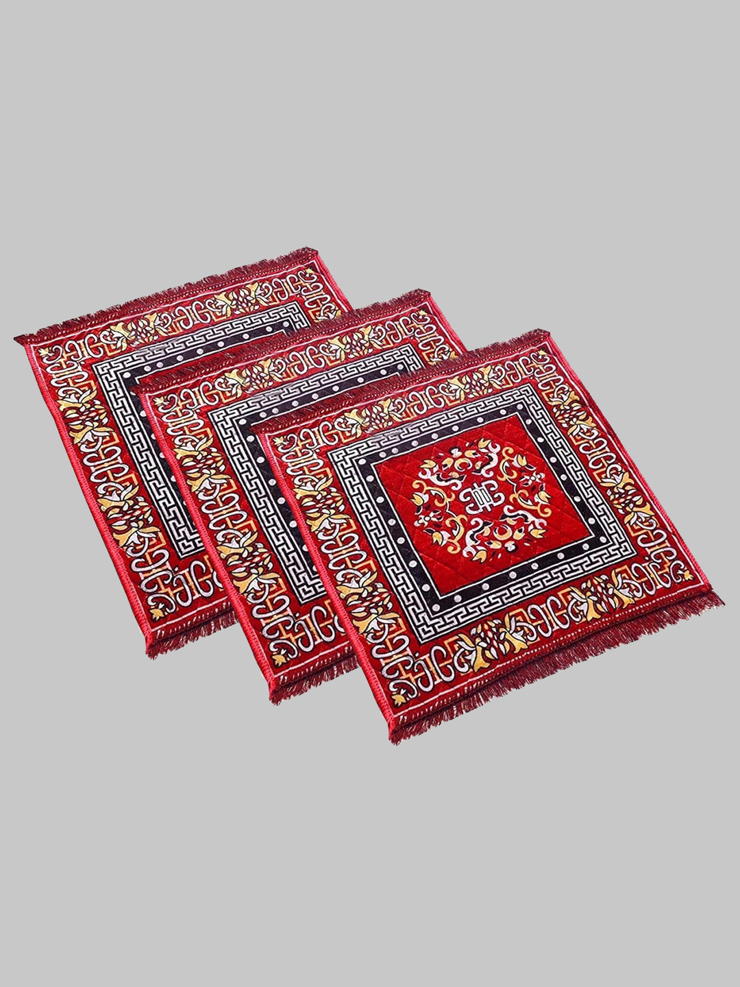 Kuber Industries Maroon Pack of 3 Rangoli Design Velvet Square Pooja Mats