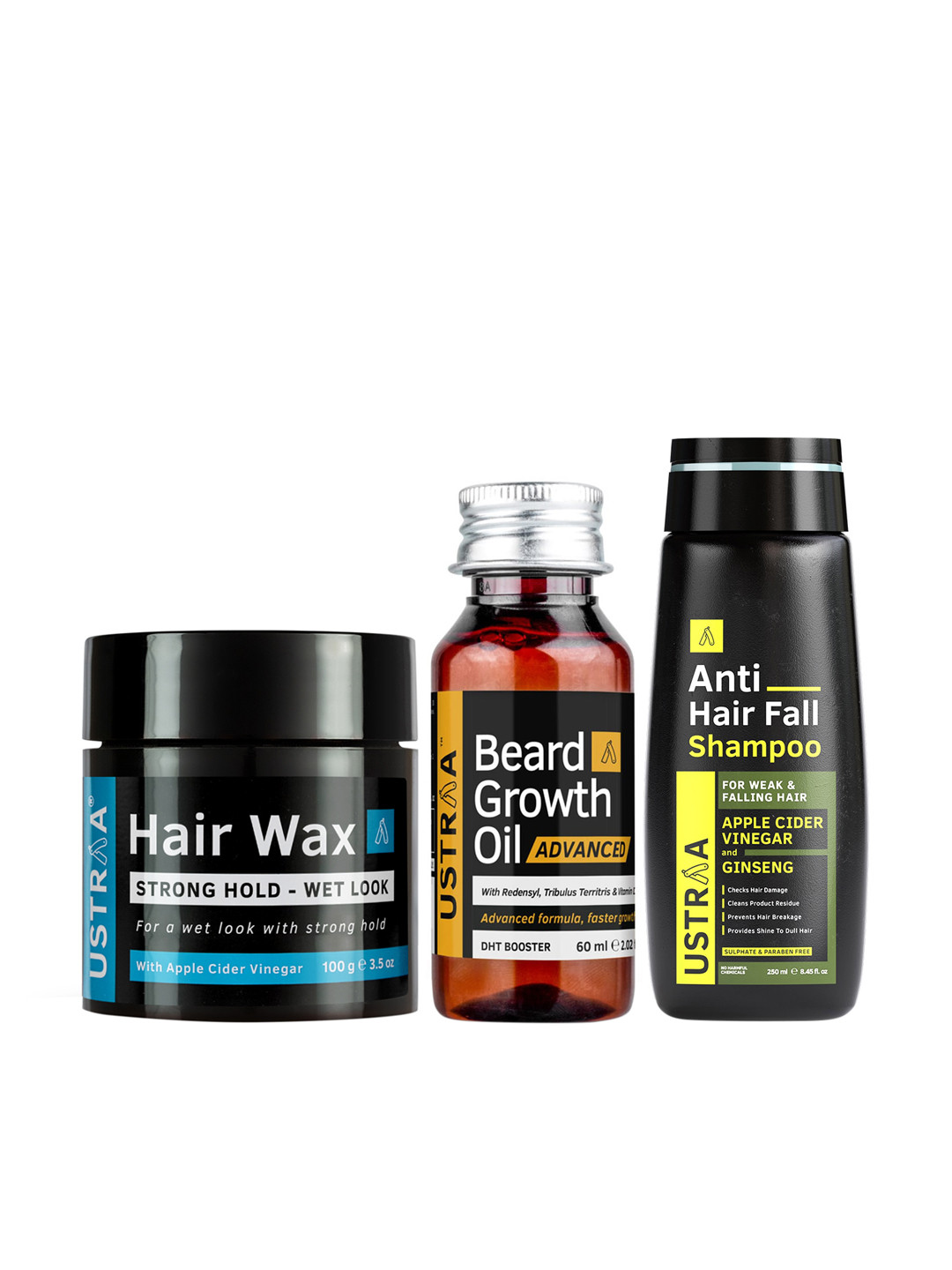 Ustraa Black Set Of Anti-Hairfall Shampoo With Beard Growth Oil & Hair Wax