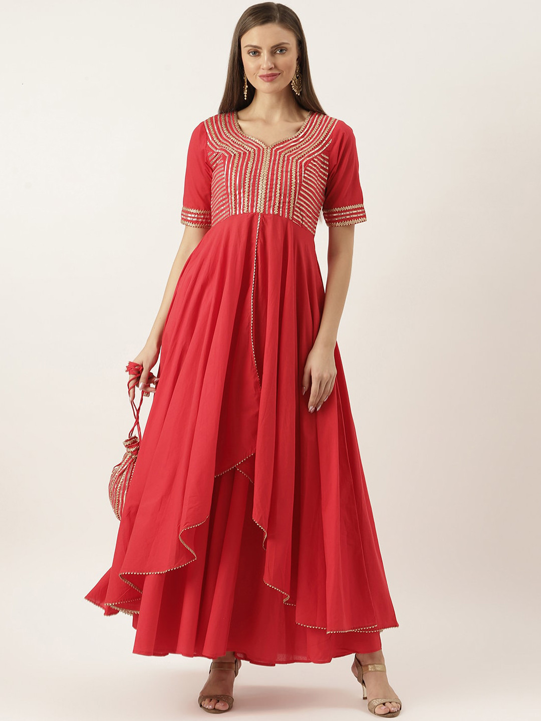 Lavanya The Label Women Red Floral Embroidered Layered Pure Cotton Kurti with Palazzos