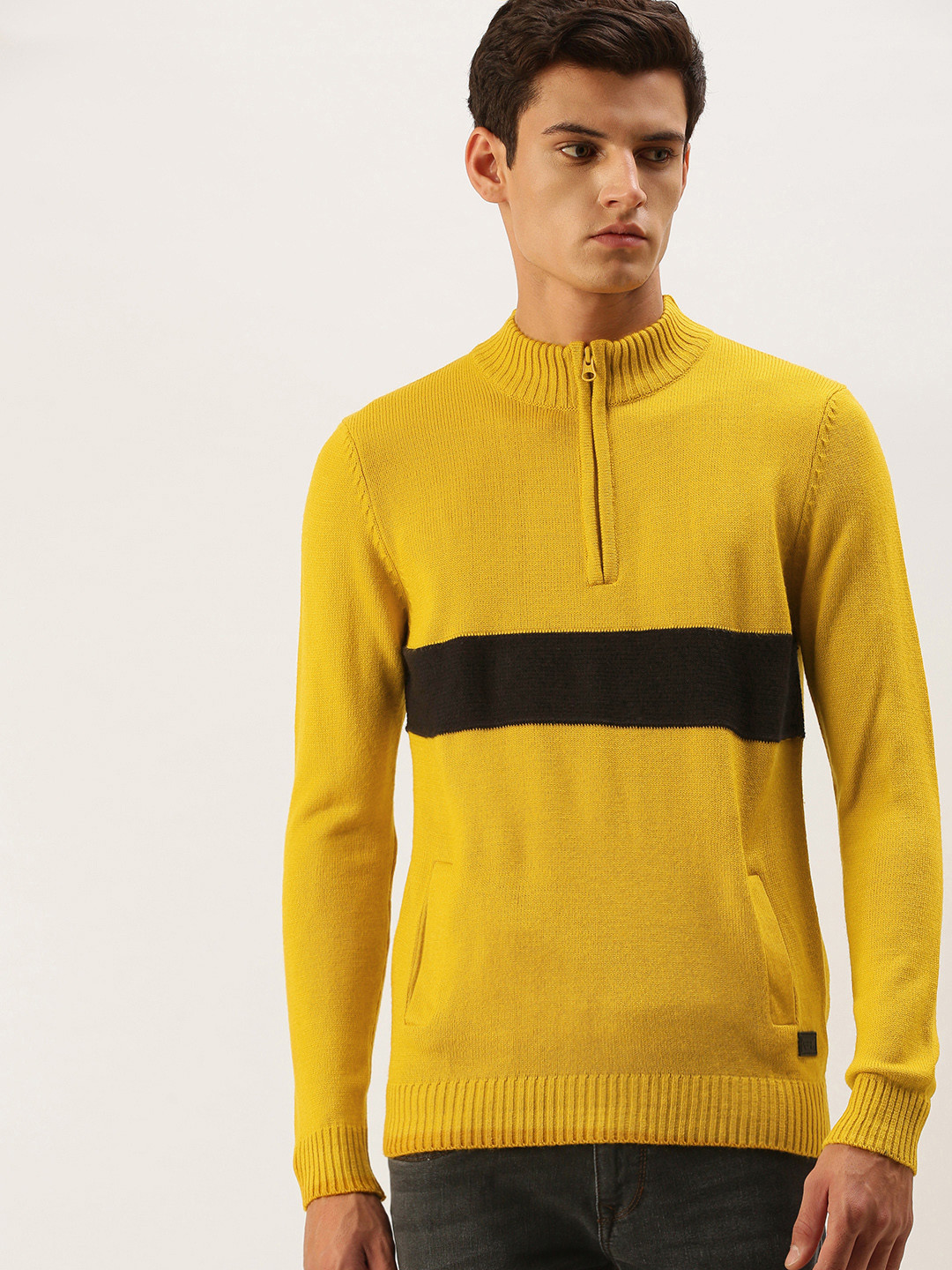 Flying Machine Men Mustard Yellow & Black Colourblocked Pullover Sweater