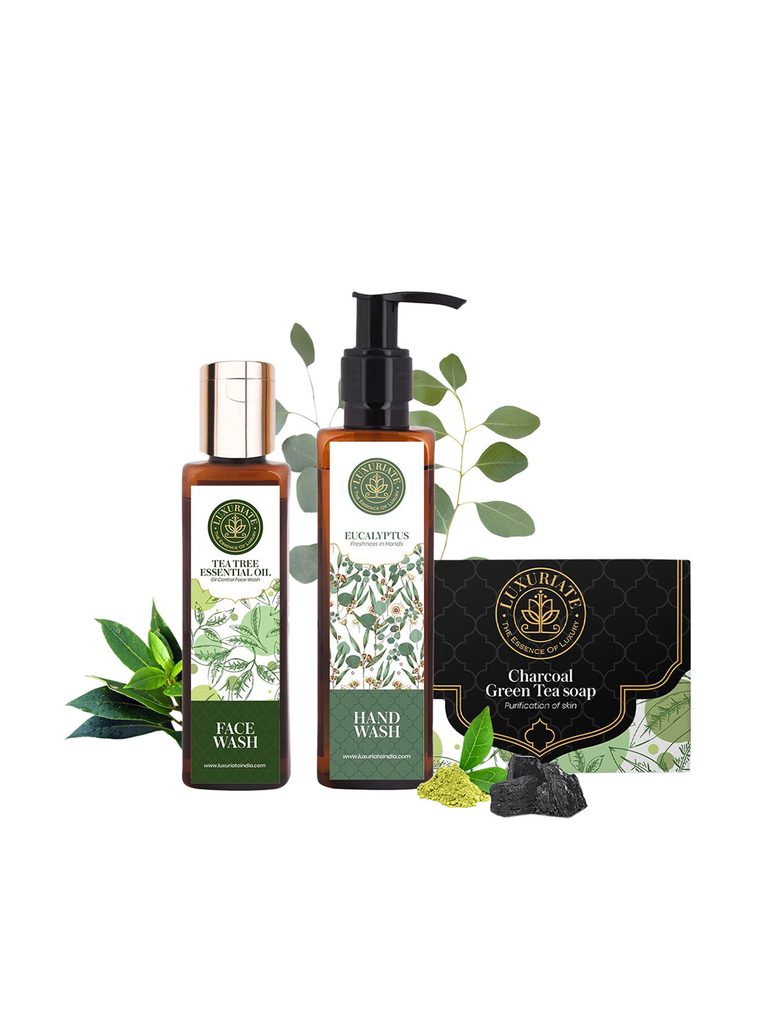 LUXURIATE Set of 3 Charcoal & Green Tea Soap - Tea Tree Face Wash & Eucalyptus Hand Wash