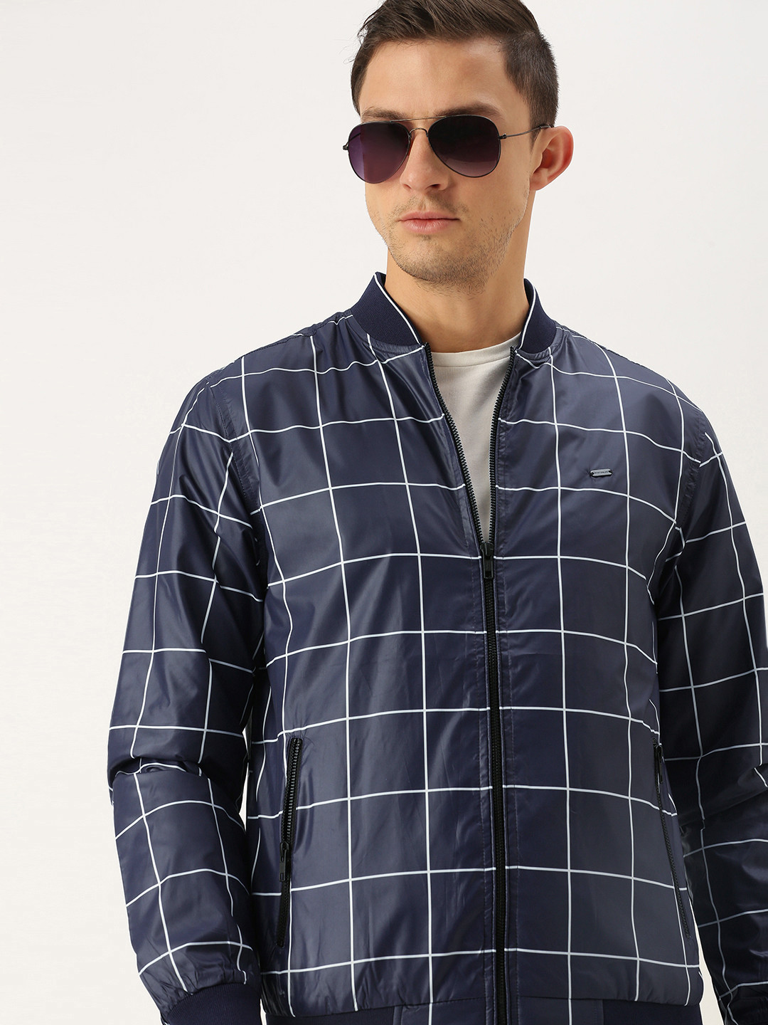Peter England Men Navy Blue & White Checked Bomber Jacket