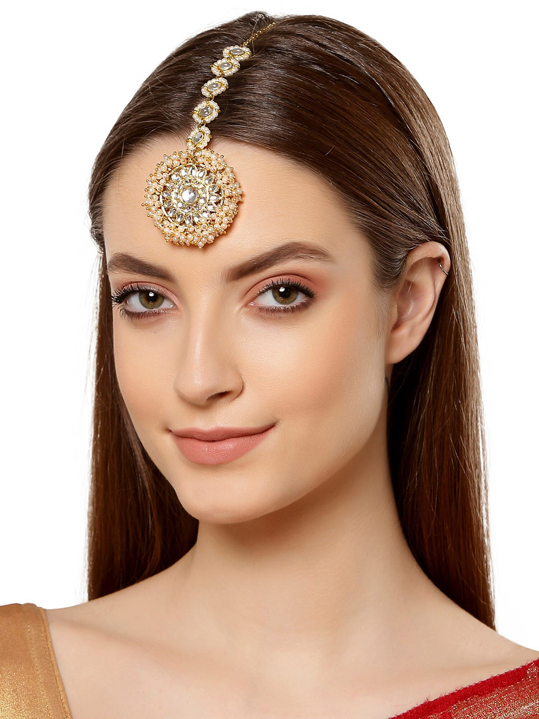 KARATCART Gold-Plated White Kundan-Studded & Beaded Handcrafted Maang Tikka