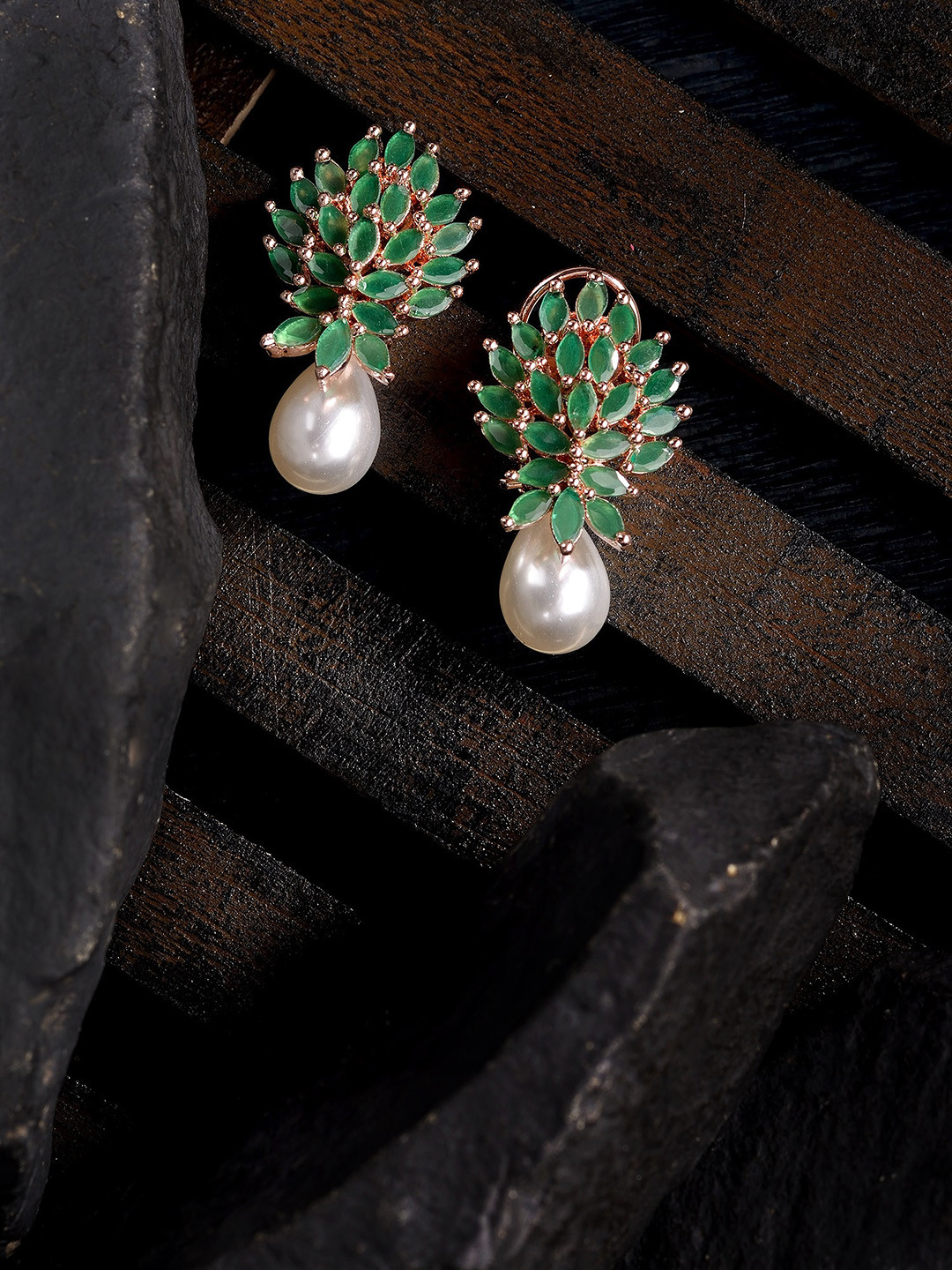 Saraf RS Jewellery Green Leaf Shaped Drop Earrings