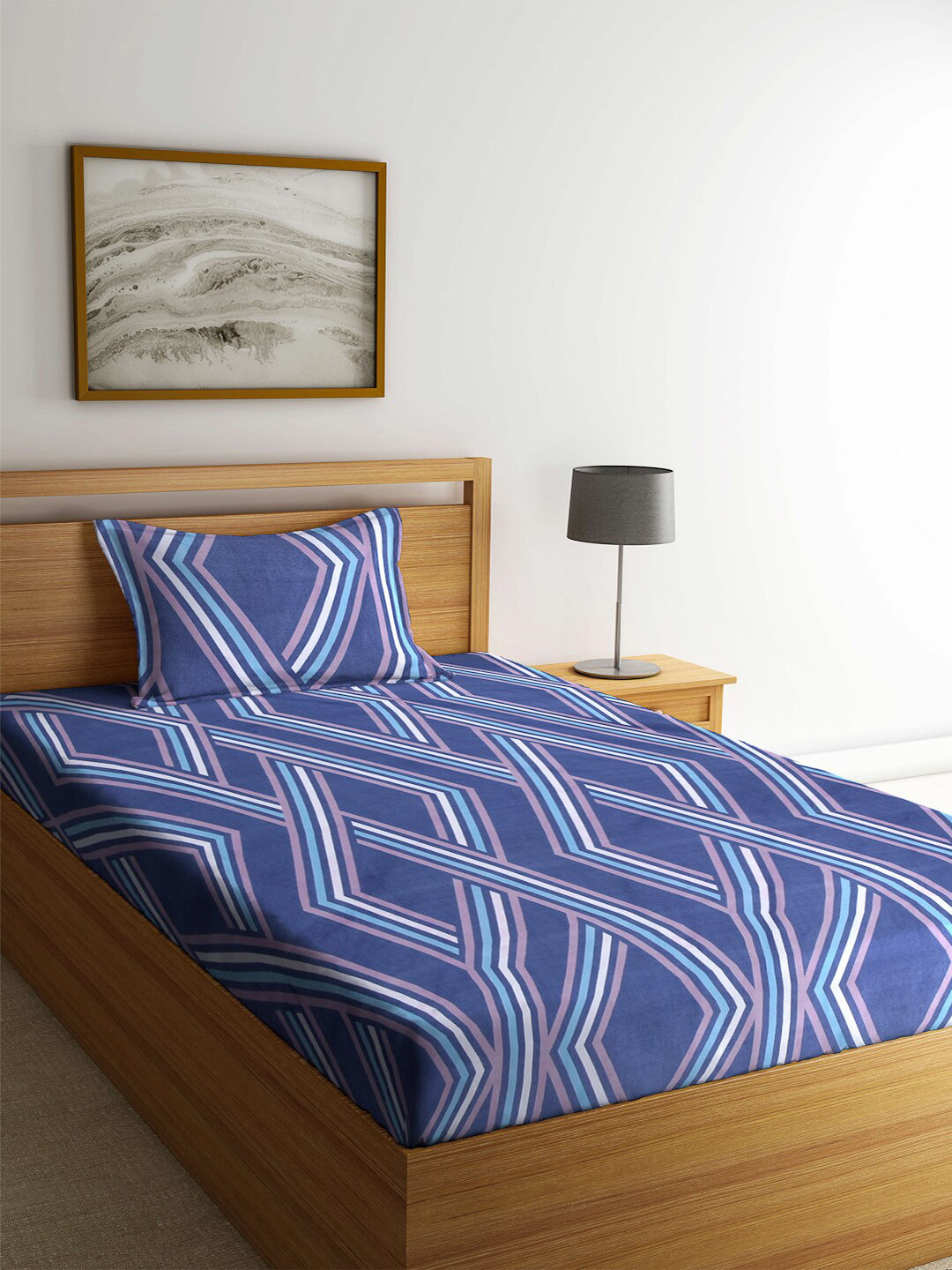 KLOTTHE Blue Abstract Cotton 210 TC Single Fine Bedsheet with a Pillow Cover-220 x 150 cm