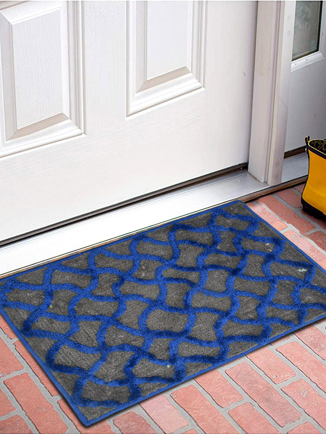 Kuber Industries Blue & Grey Patterned Velvet Rectangular Anti-Skid Doormat