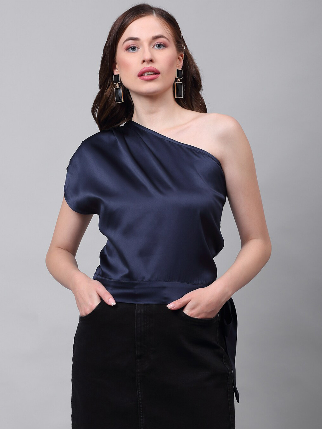 NEUDIS Women Navy Blue Sheen Satin Regular Top