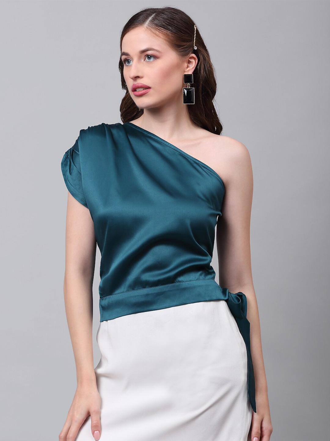 NEUDIS Women Green Sheen Satin Regular Top