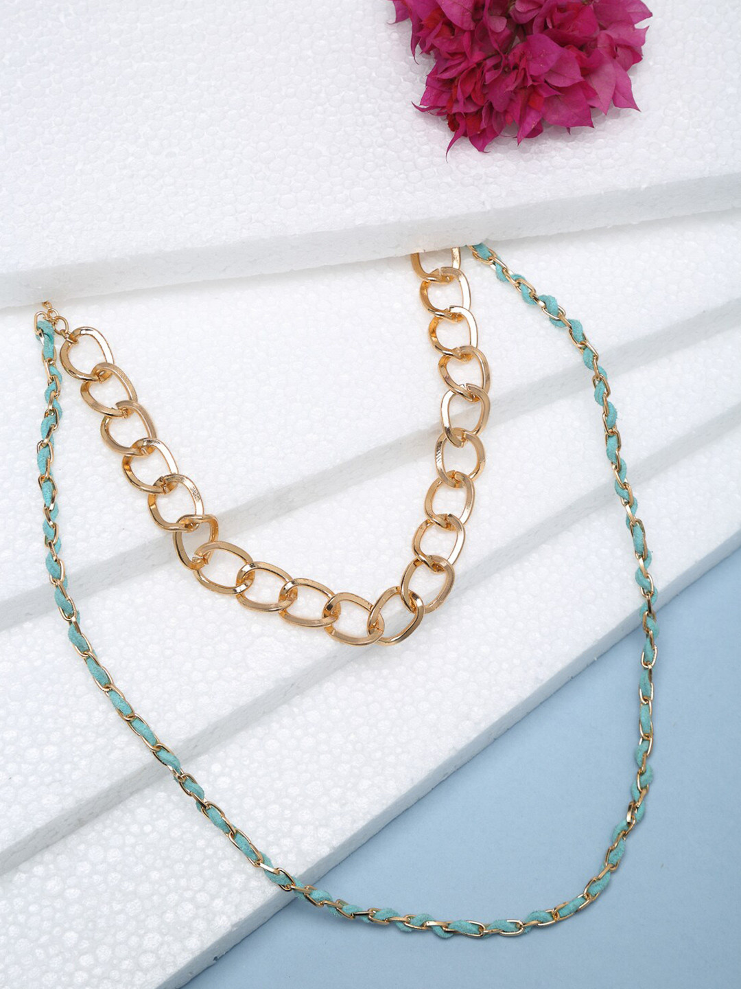 Madame Women Rose Gold-Toned & Green Suede Double Chain Necklace