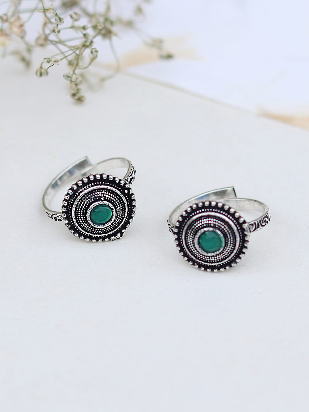 TEEJH Set Of 2 Oxidised Silver-Plated Green Stone-Studded Adjustable Ethnic Toerings