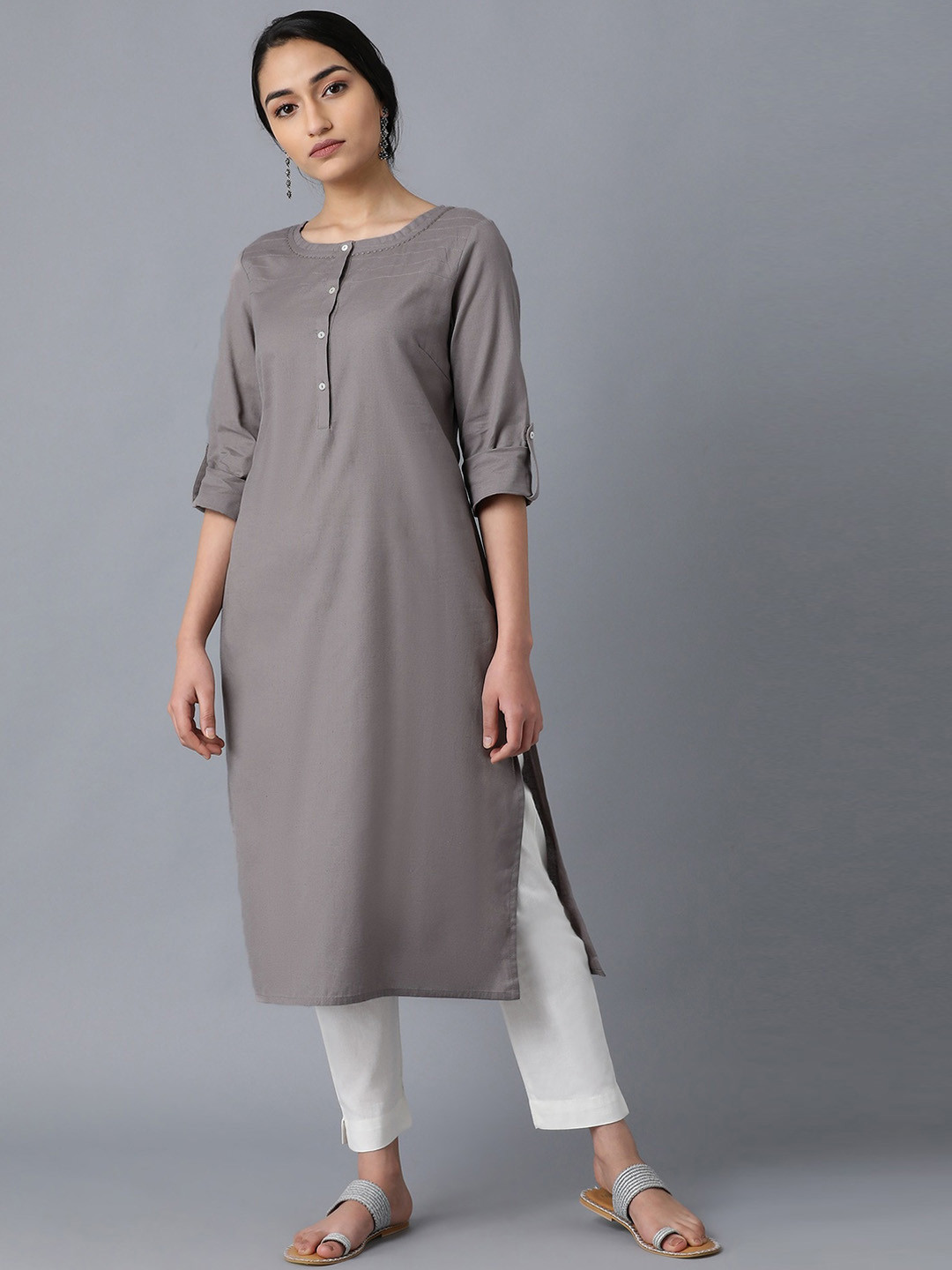 W Women Solid Roll-Up Sleeves Pathani Kurta