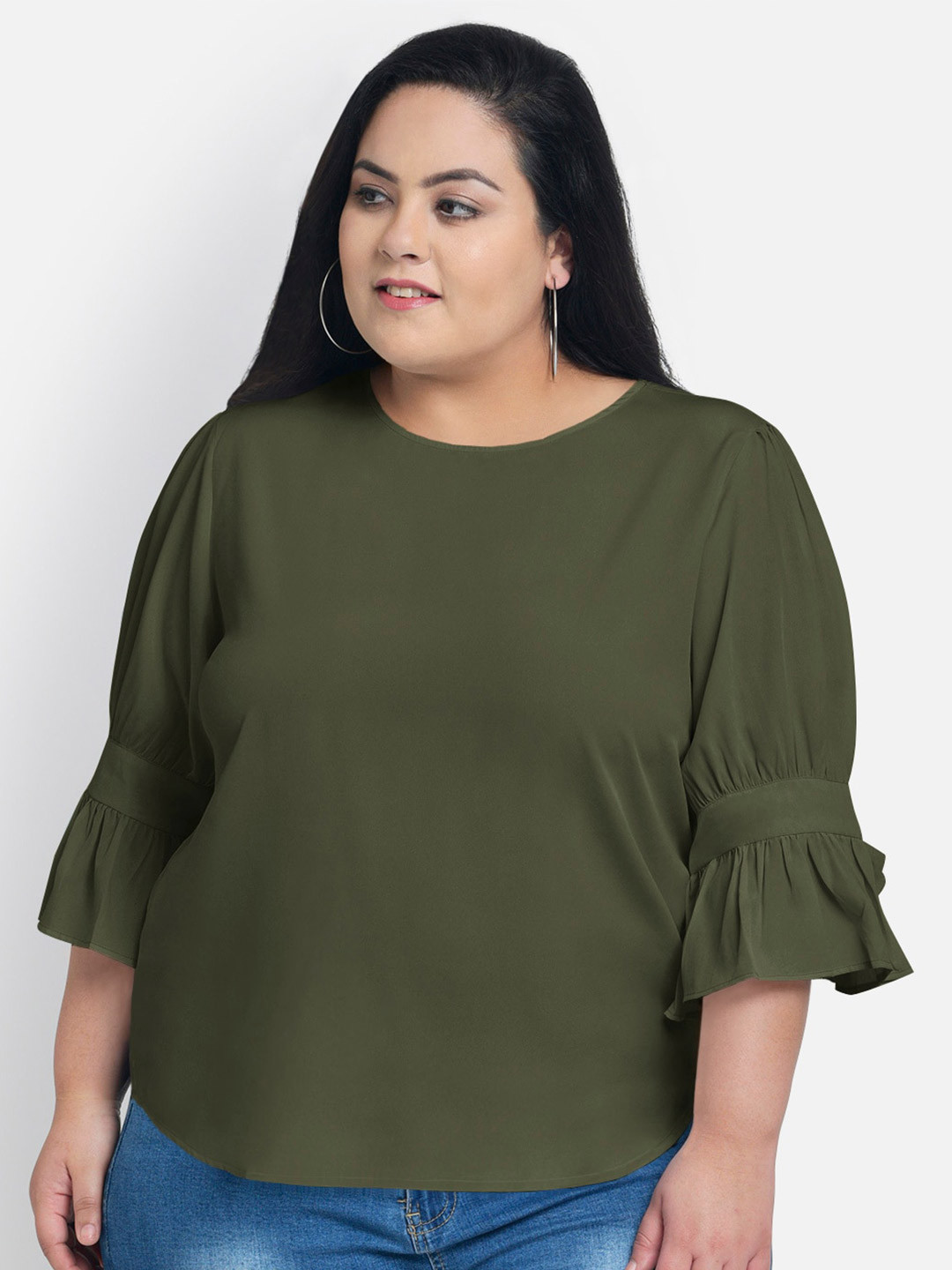 wild U Plus Size Olive Green Georgette Regular Top