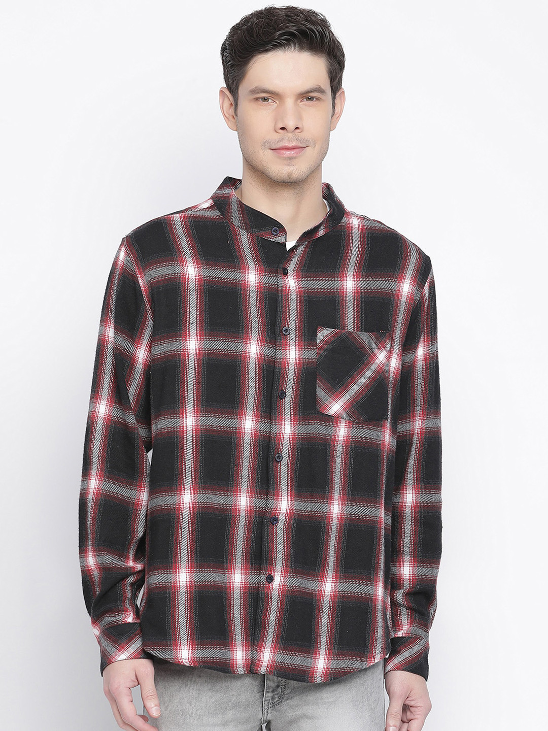 Oxolloxo Men Black & Red Tartan Checks Opaque Cotton Casual Shirt