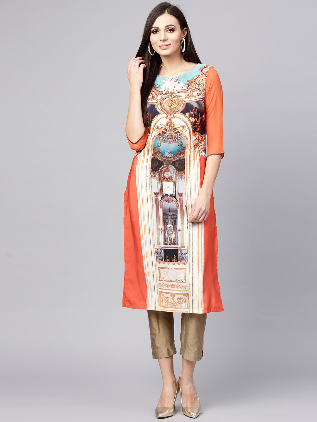 WISHFUL by W Women Orange & Off-White Quirky Print Straight Kurta