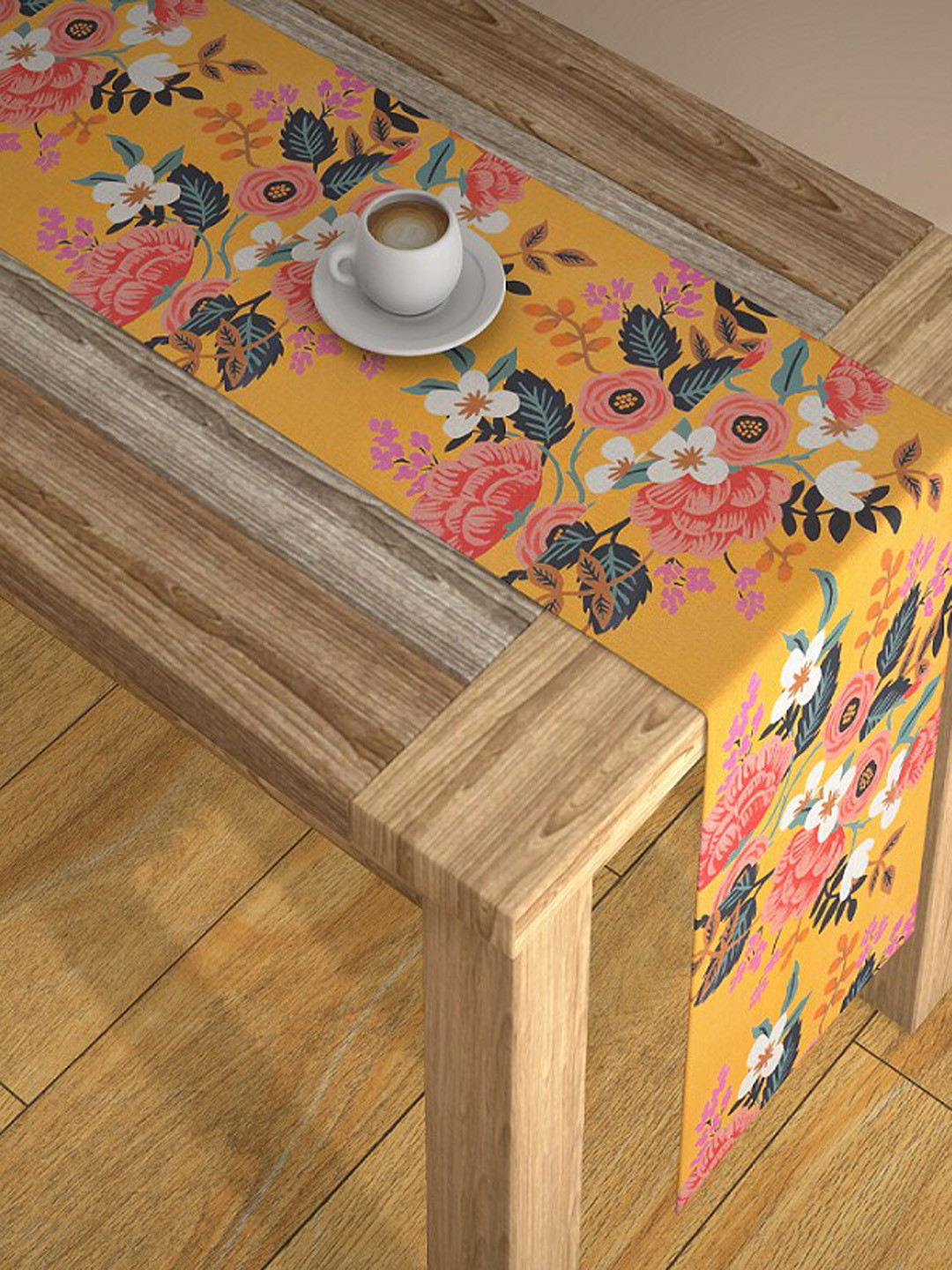 AEROHAVEN Yellow & Pink Floral Digital Printed 6 Seater Table Runner