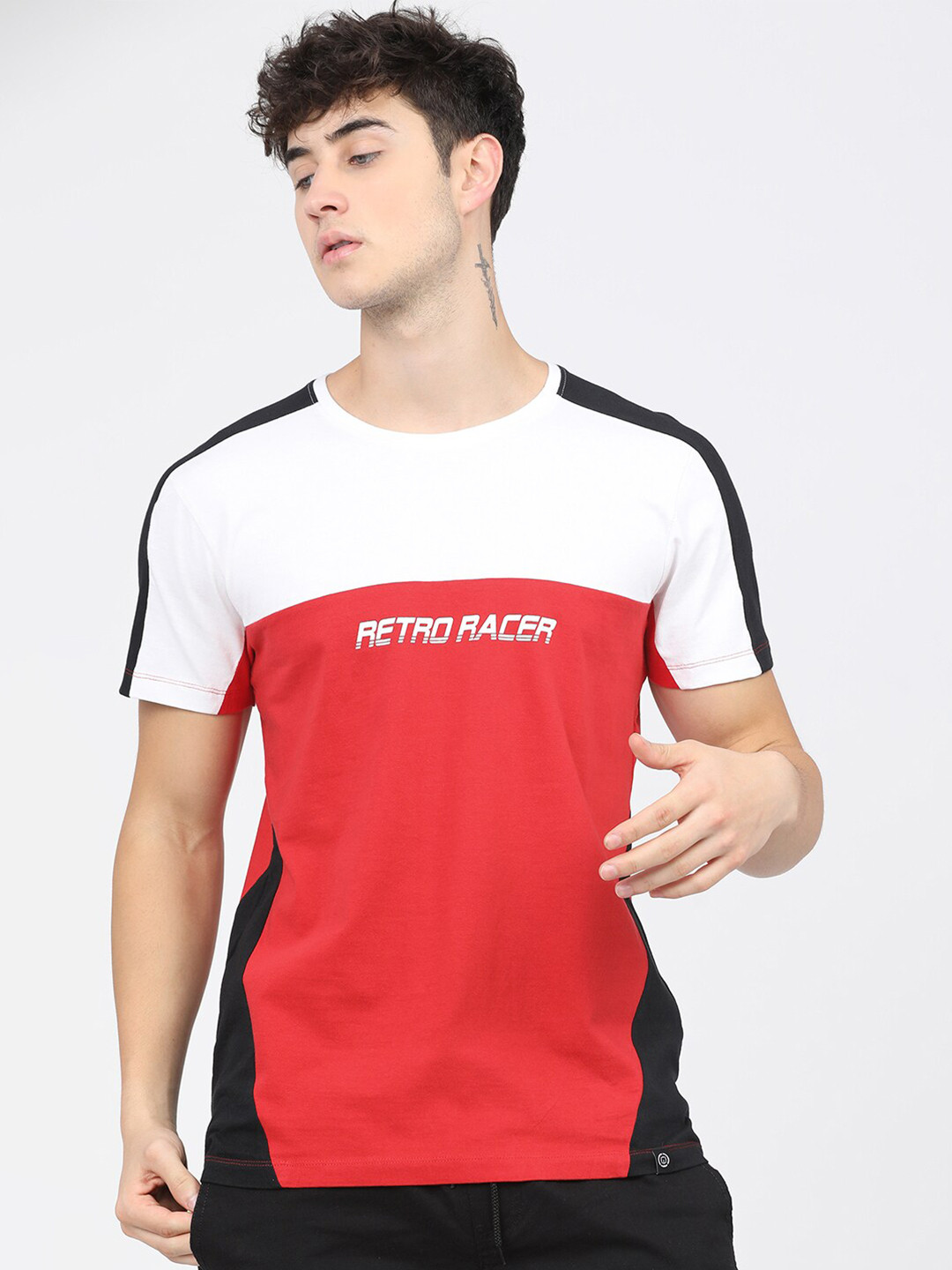 LOCOMOTIVE Men Red & White Colourblocked Slim Fit Cotton T-shirt