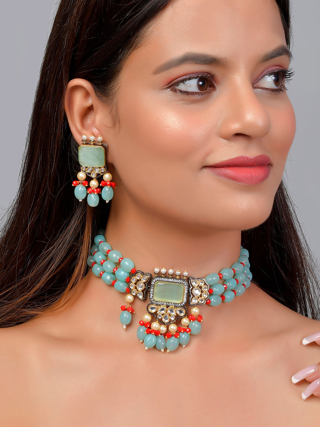 Silvermerc Designs Gold-Plated White & Blue Onyx-Studded Pearl Beaded Temple Jewellery Set