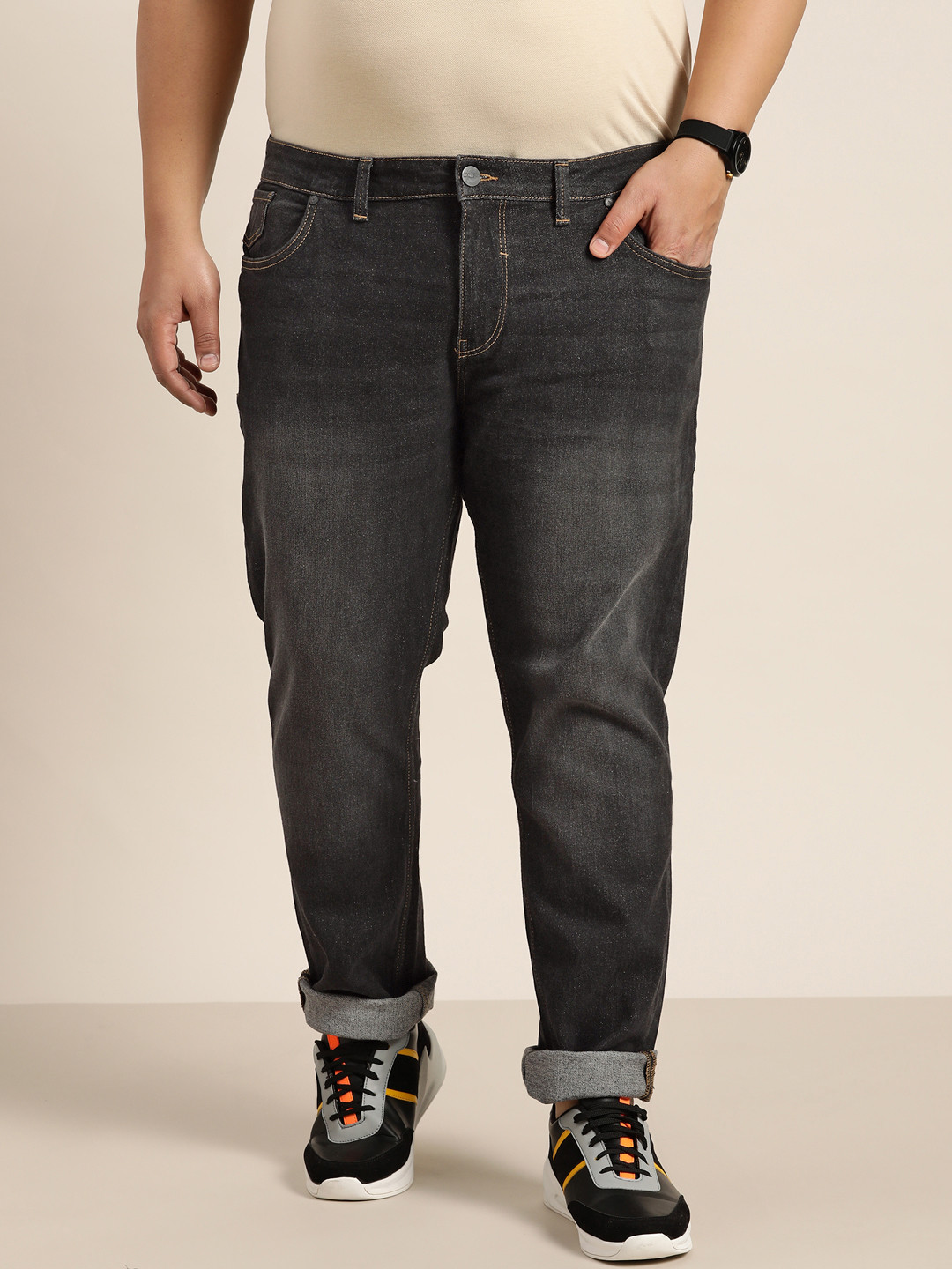 Sztori Men Plus Size Black Tapered Fit Light Fade Stretchable Jeans