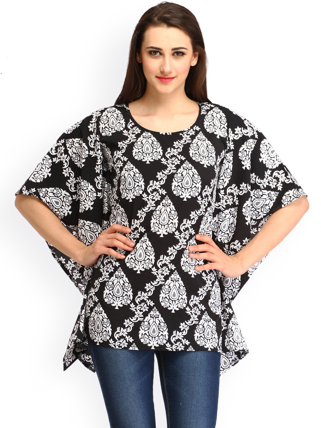 Cottinfab Women Black Printed Kaftan Top
