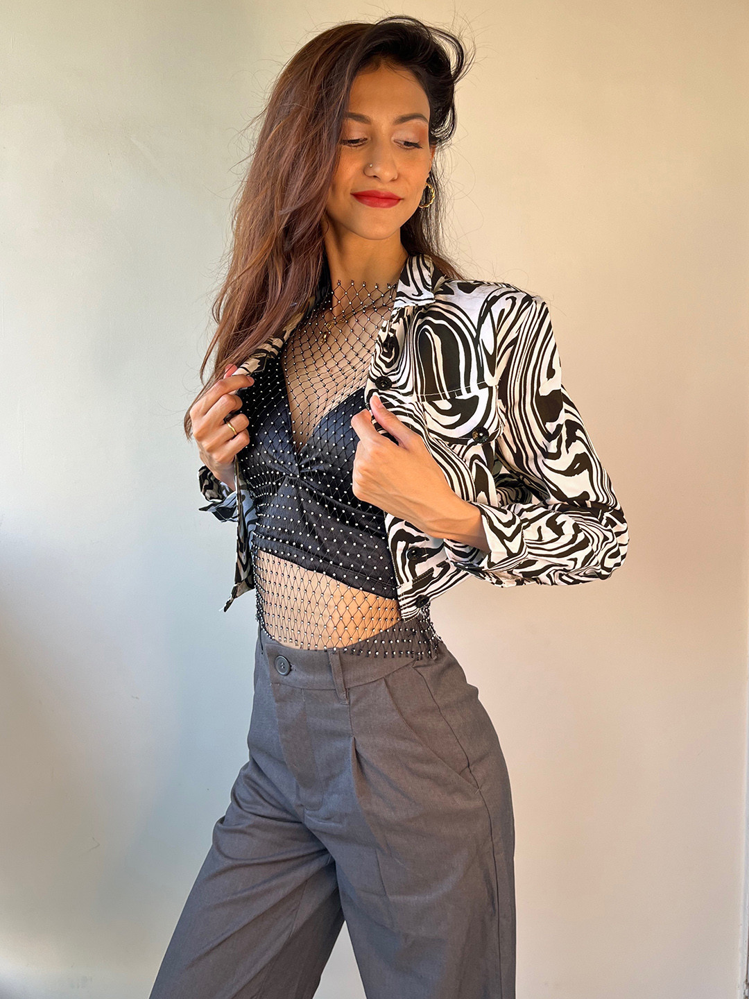 STREET 9 Women White Abstract Cropped Tailored Jacket