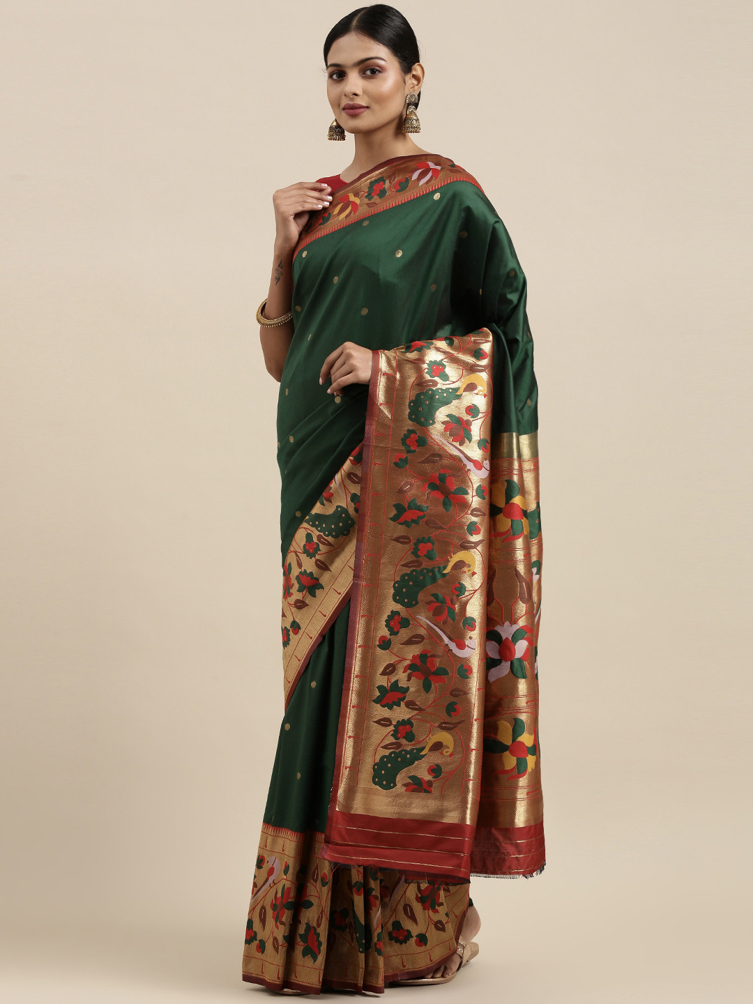 Mitera Green Woven Design Silk Blend Paithani Saree