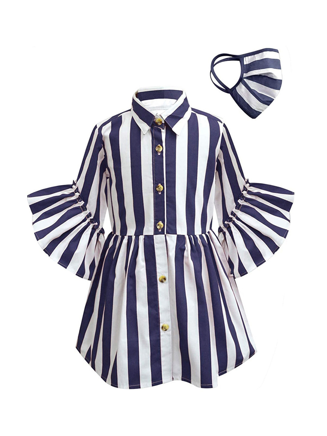 A T U N Girls Navy Blue & White Striped Pure Cotton Shirt Dress