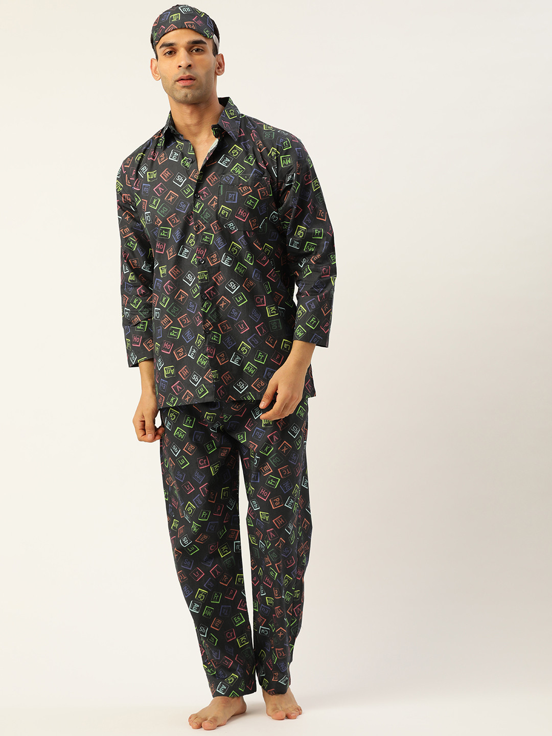 Rapra The Label Men Black & Multicoloured Printed Night suit