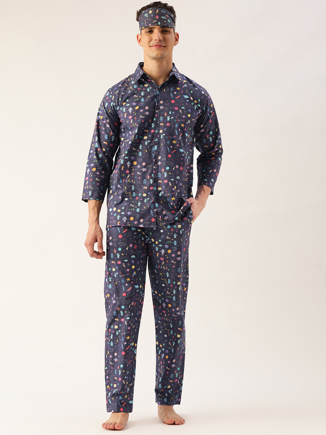 Rapra The Label Men Navy Blue & Multicoloured Printed Night suit With Eye Cover