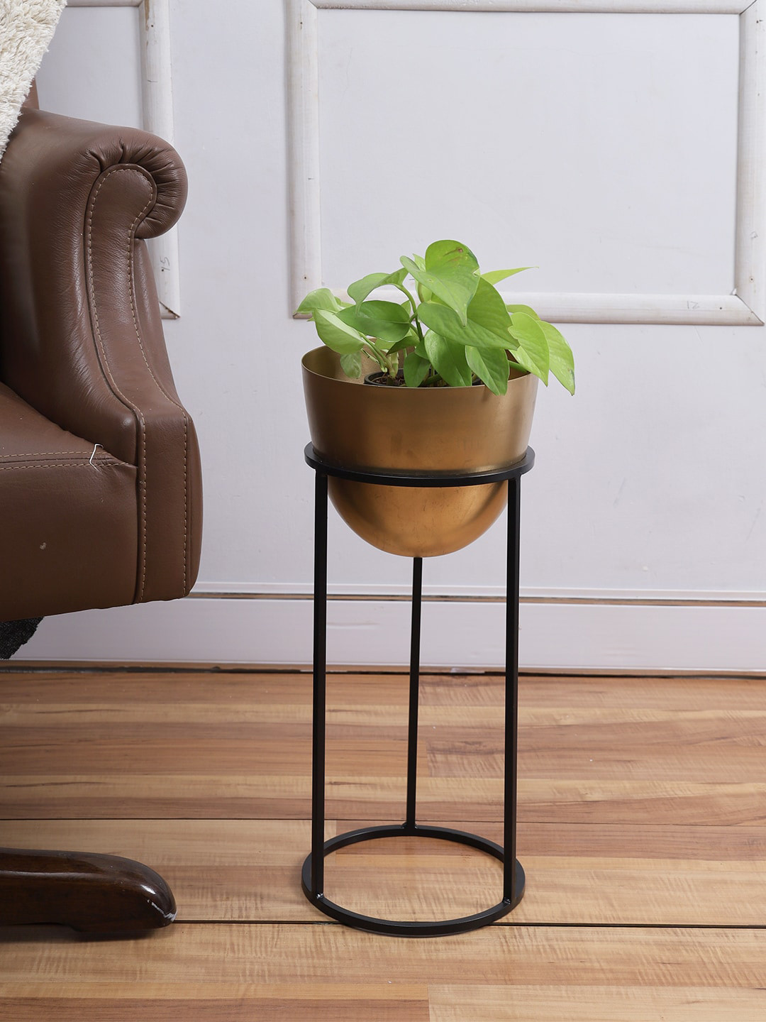 Aapno Rajasthan Gold-Toned & Black Solid Planter With Stand