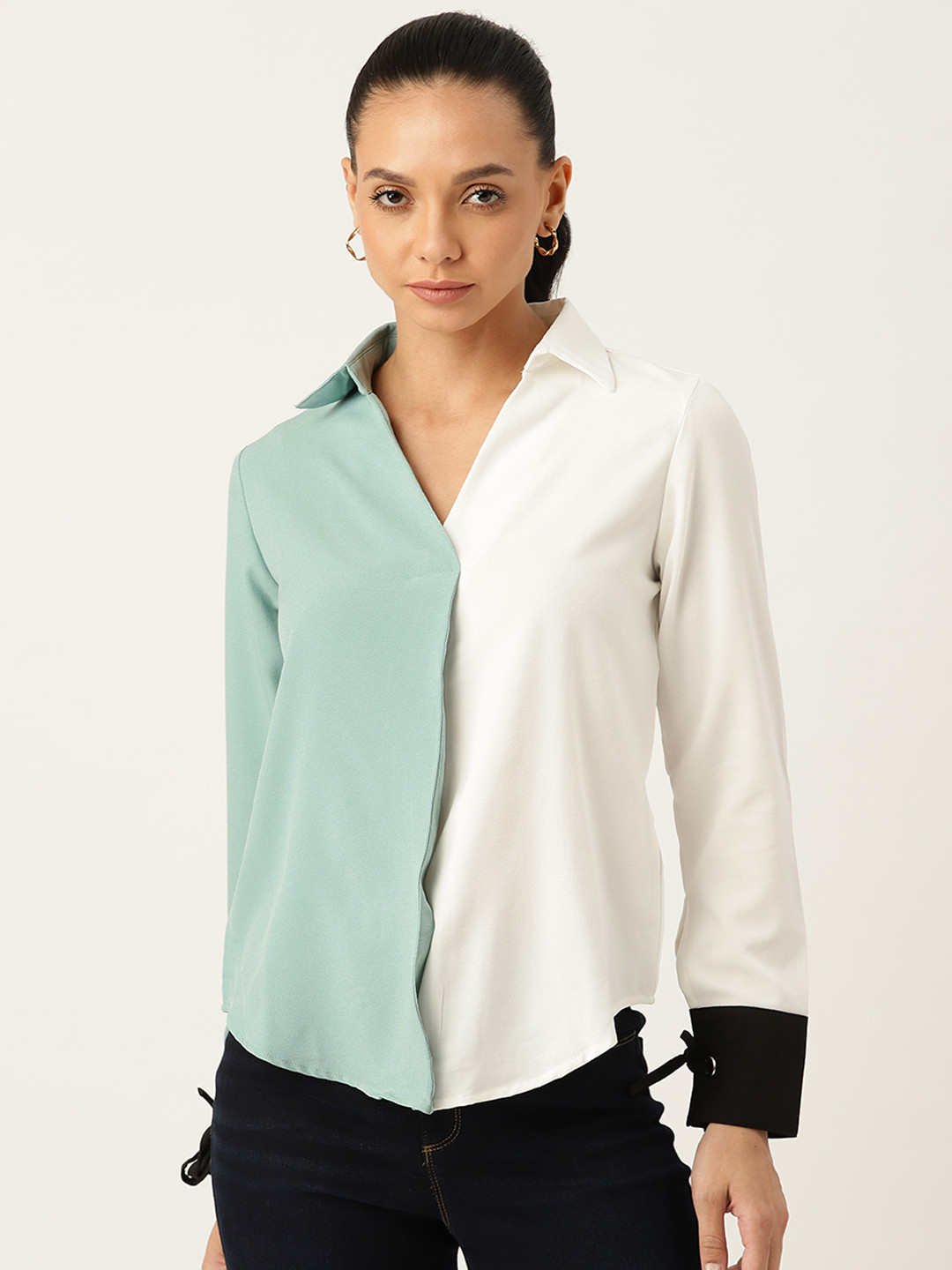 LABEL REGALIA Green & White Colourblocked Crepe Shirt Style Top